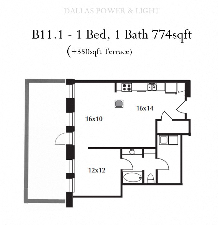 Floor plan for 1 bed, 1 bath, 774 sqft